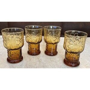 4 vintage 1960’s Libbey amber glass country garden daisy flower 6” boho water